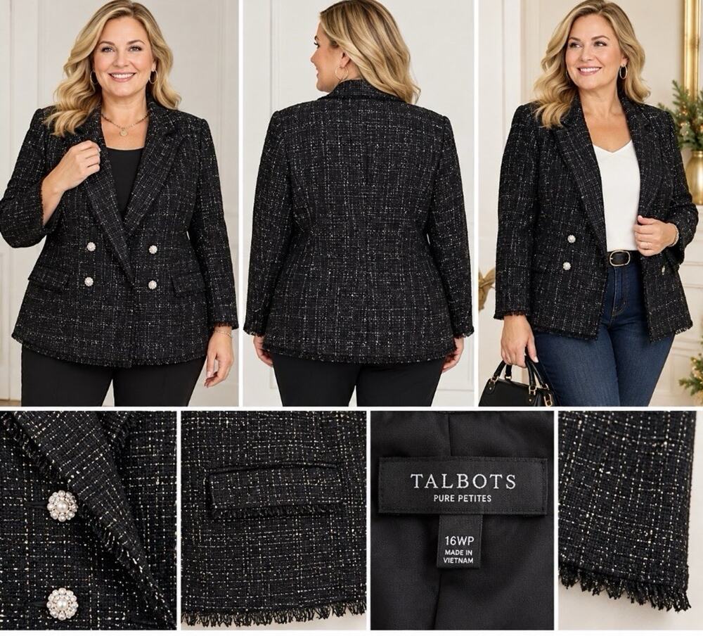 Talbots Metallic Fringe Tweed Double Breasted Blazer Size 16WP Lined NEW